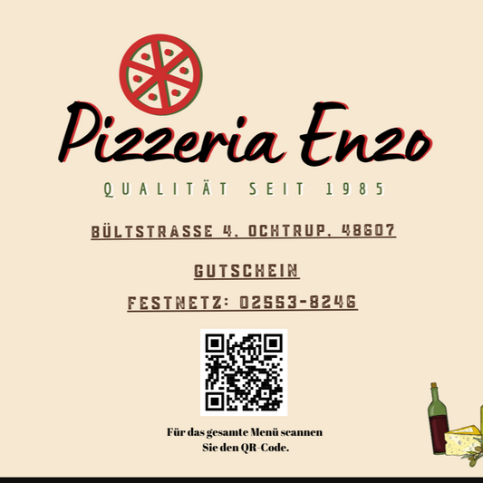 Pizzeria Enzo promotional banner with a pizza and contact information.